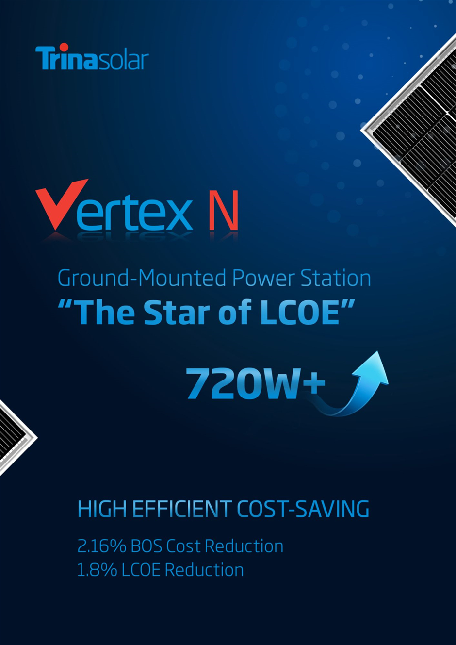 Vertex N NEG21C.20, a bifacial solar panel delivering an ultra-high power output of 720W+, is positioned as The Star of LCOE for Ground-Mounted Power Stations.